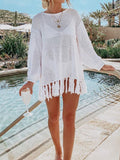 Tassel Hem Long Sleeve Knit Beach Cover Up