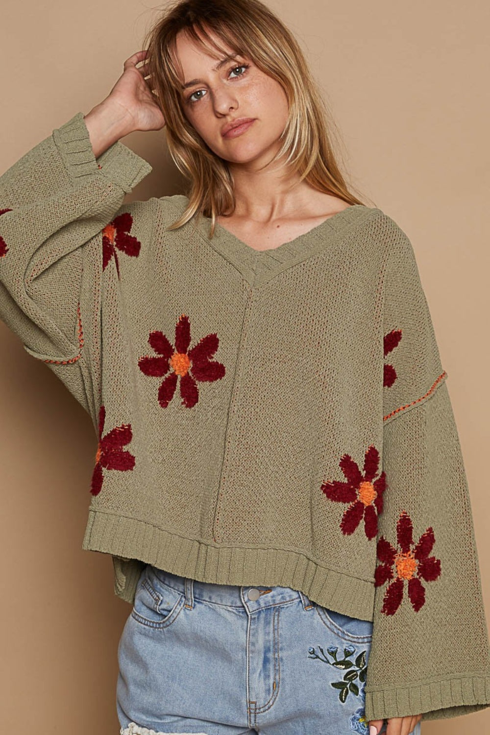 Baggy Beachy Floral Pattern Chenille Sweater