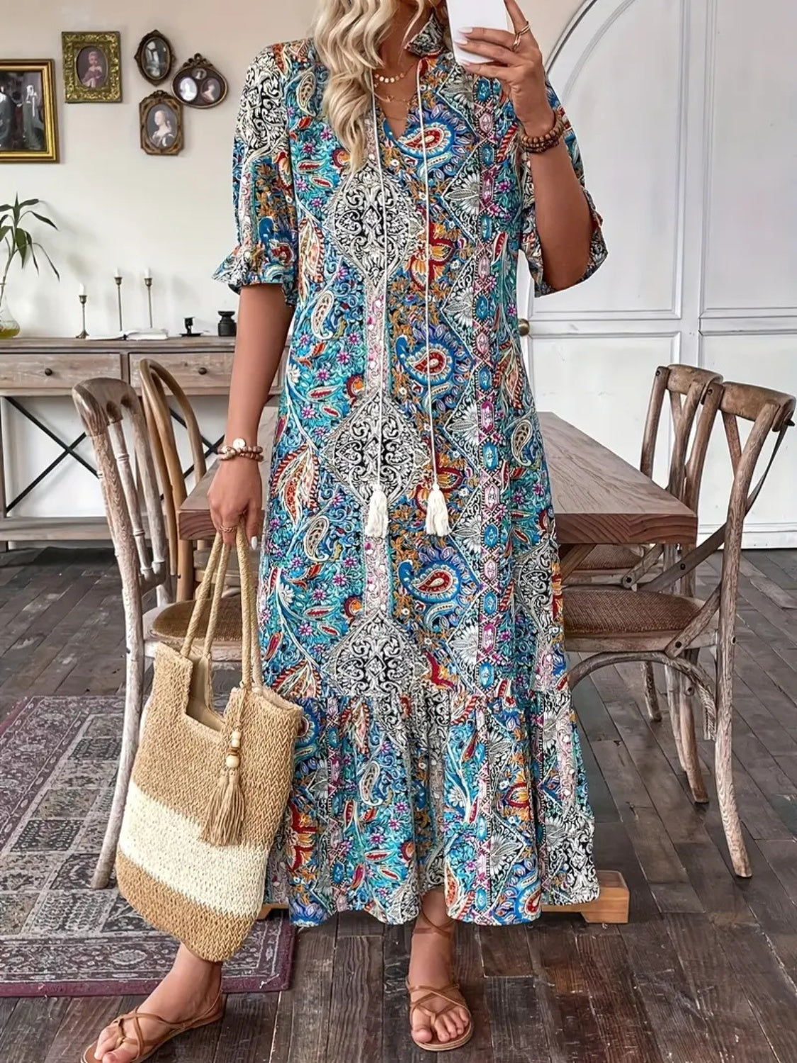 Boho Flounce Sleeve Midi Dress