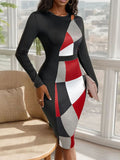 Color Block Round Neck Long Sleeve Dress