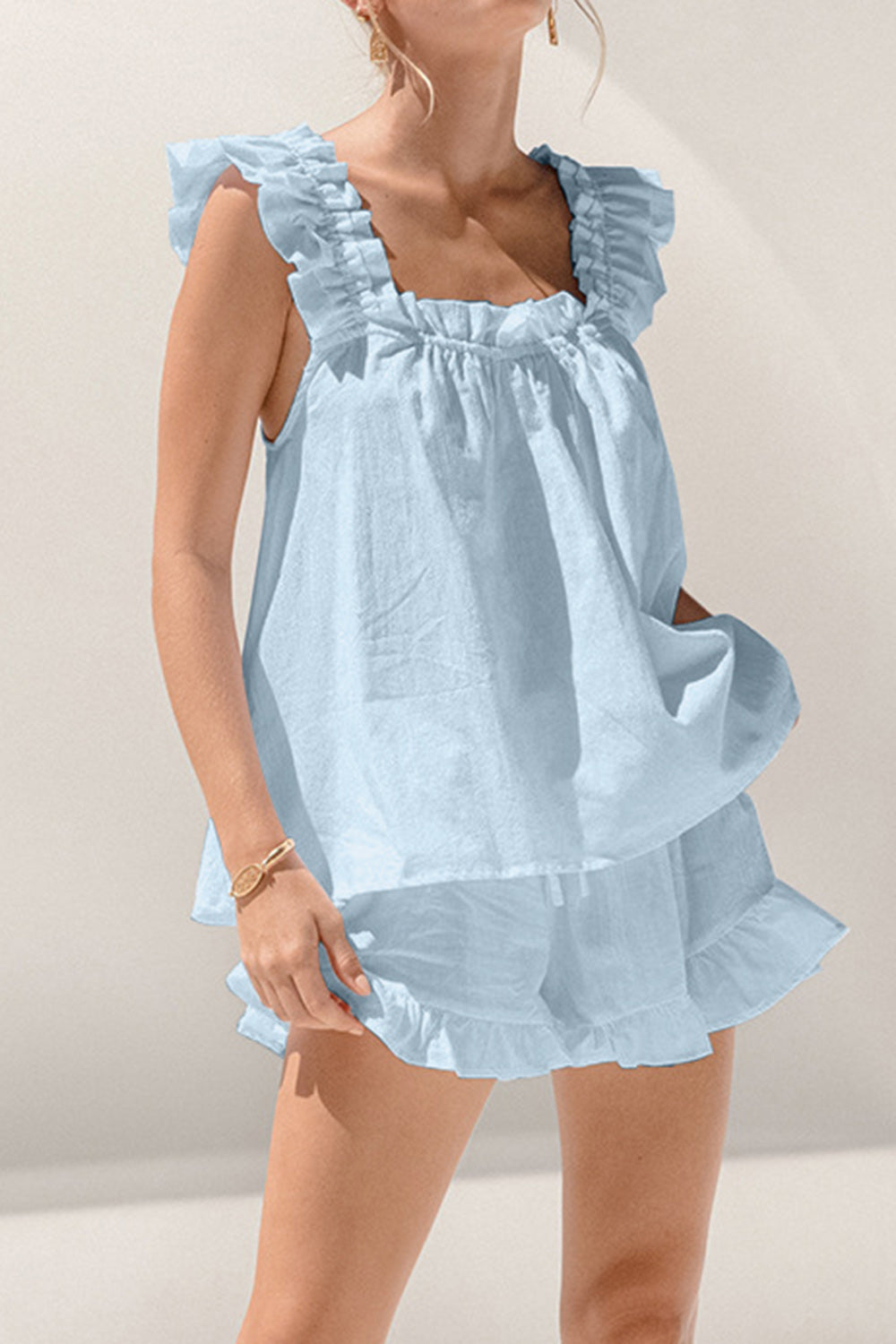 Ruffled Square Neck Women's Summer Shorts Set