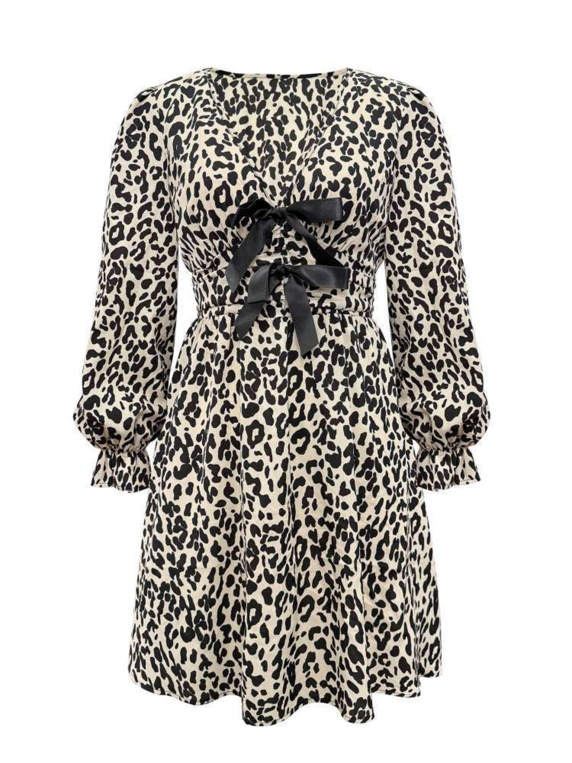 Leopard V-Neck Flounce Sleeve Resort Dress