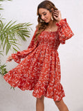 Red Balloon Sleeve Floral Summer Dress