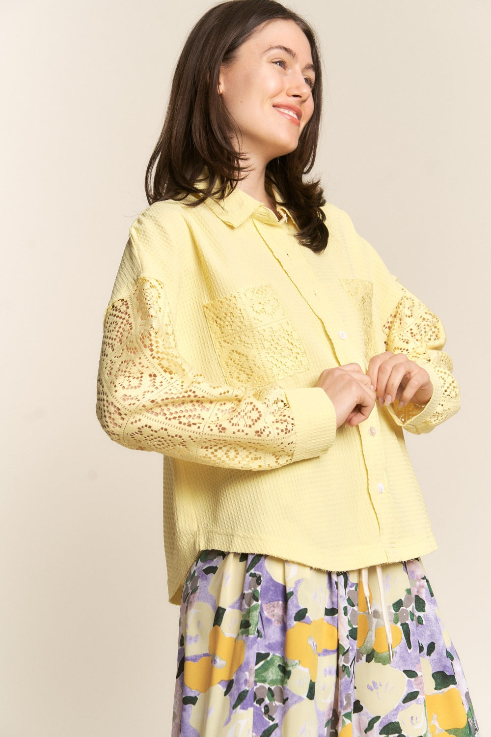 Button Down Yellow Lace Long Sleeve Waffle Shirt