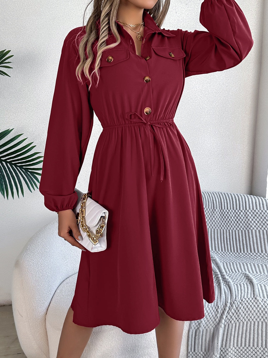 Collared Neck Long Sleeve Midi Dress with Pockets