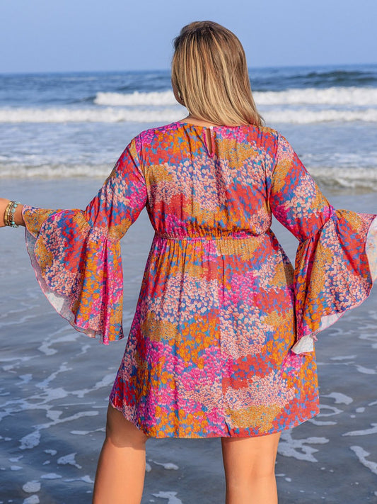 Plus Size Ruched Printed Long Sleeve Beach Dress