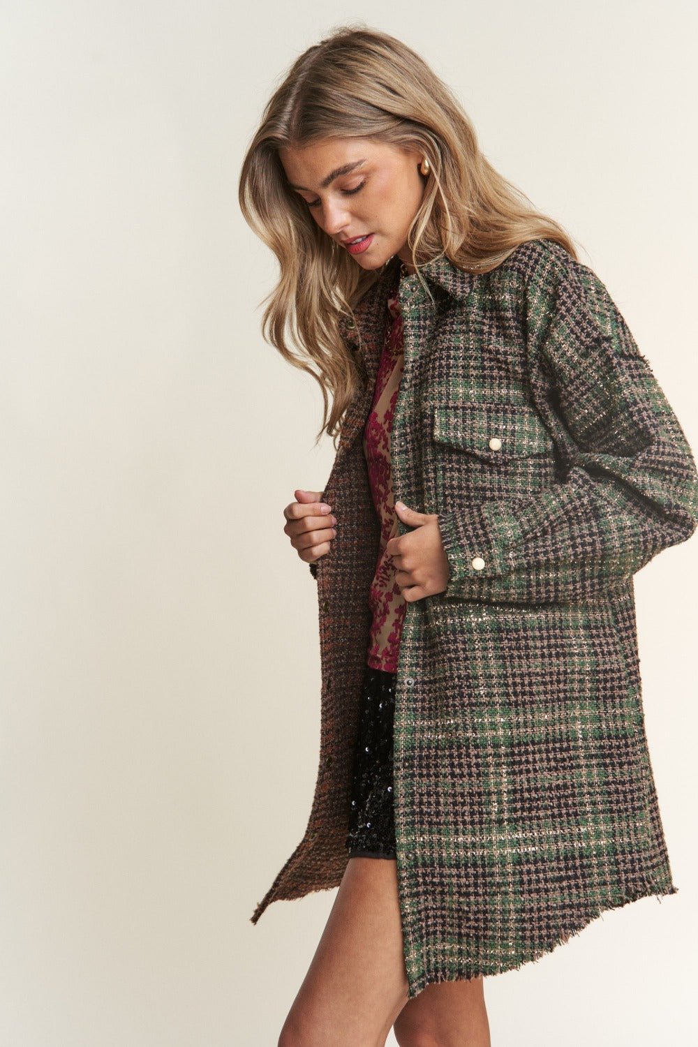 Snap Down Tweed Plaid Longline Shacket