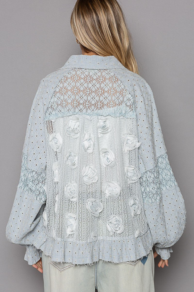 Flower Pearl Detail Lace Patchwork Shirt