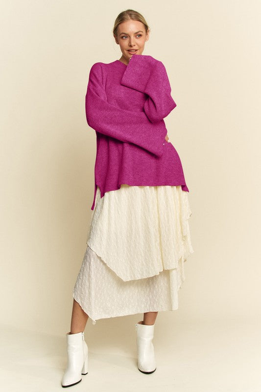 Round Neck Drop Shoulder Purple Beachy Sweater