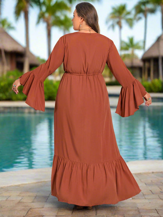 Plus Size V-Neck Flare Sleeve Maxi Dress