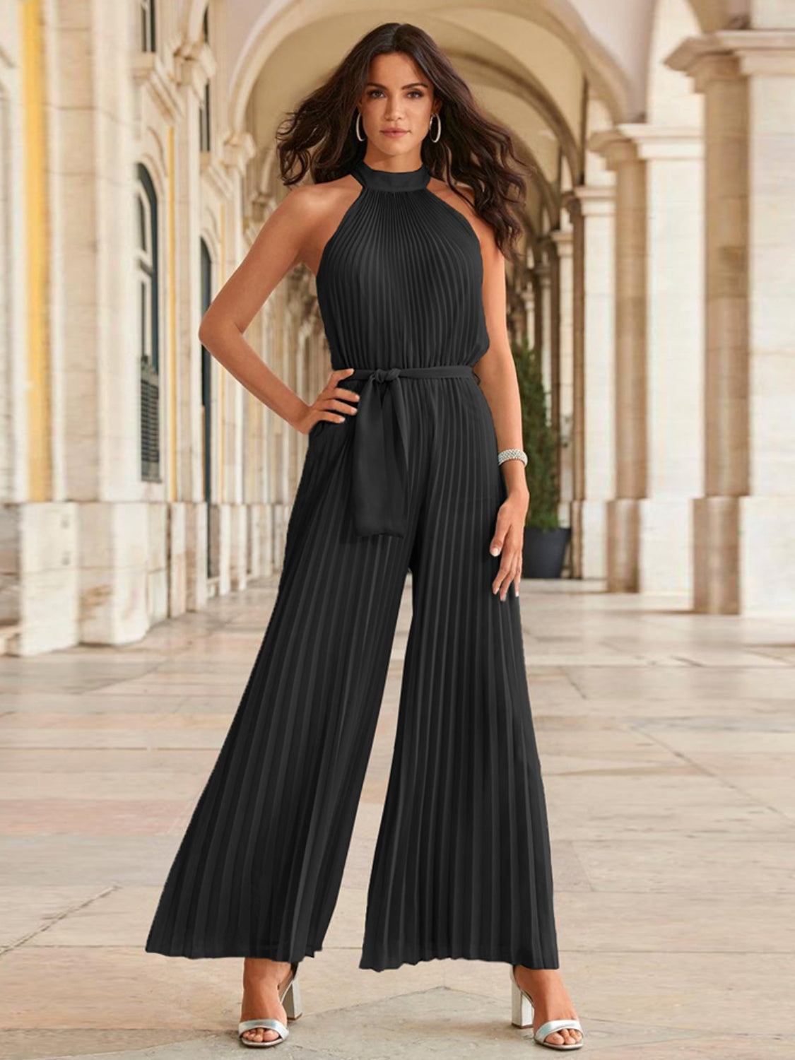 Tie Waist Pleated Sleeveless Resort Jumpsuit