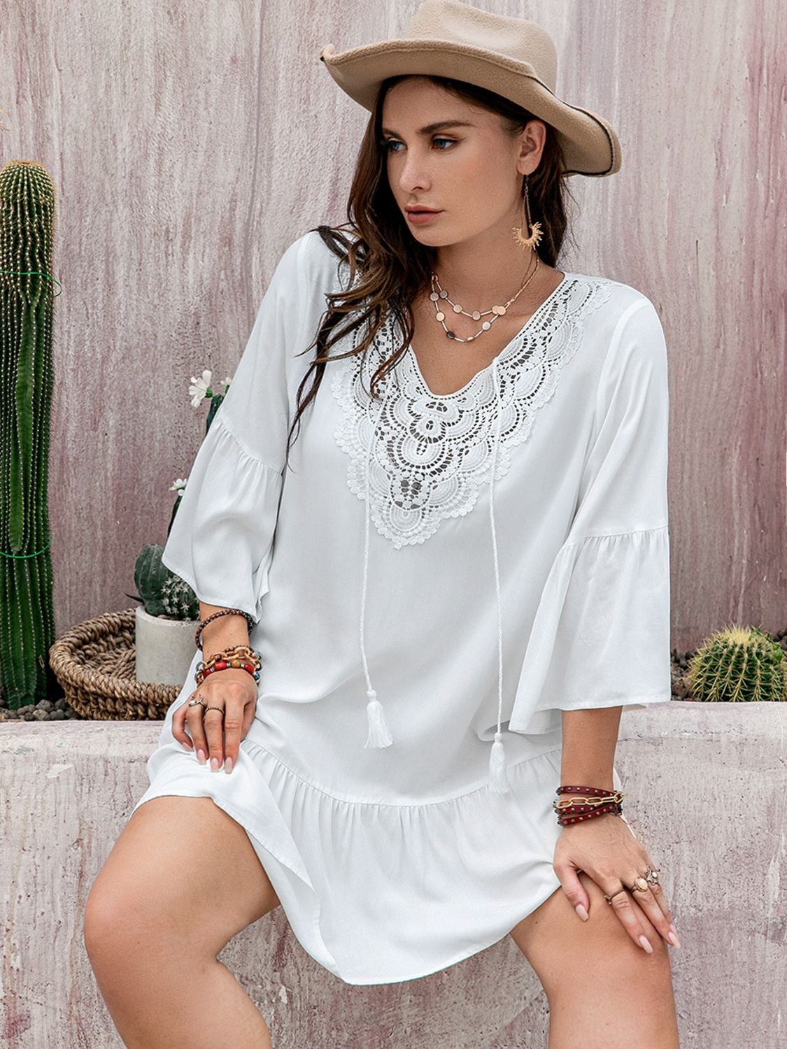 Plus Size Lace Detail Mini Beach Cover Dress