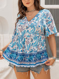 Plus Size Printed V-Neck Half Sleeve Summer Blouse