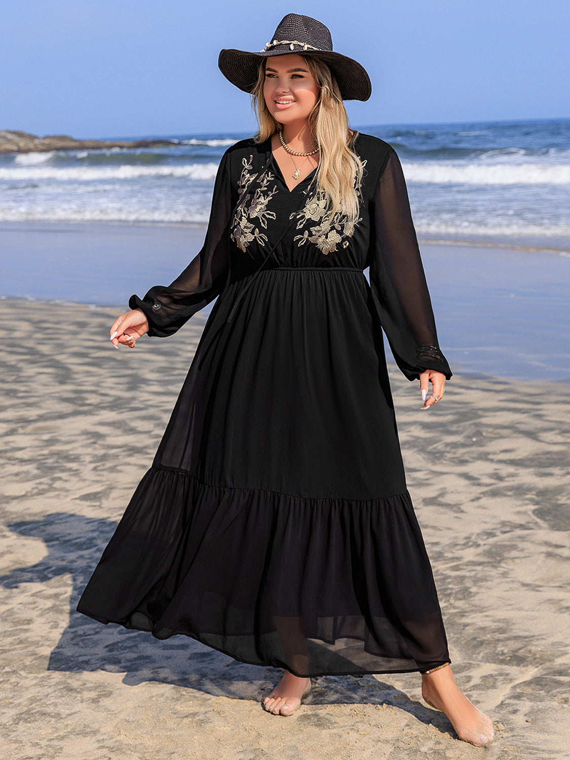 Plus Size Embroidered Tie Neck Long Sleeve Beach Maxi Dress