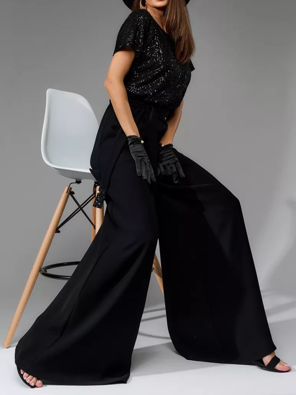 Full Size Sequin Short Sleeve Wide Leg Jumpsuit