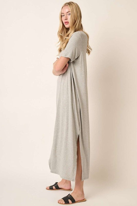 Heather Grey Side Slit Short Sleeve Resort Maxi Dress