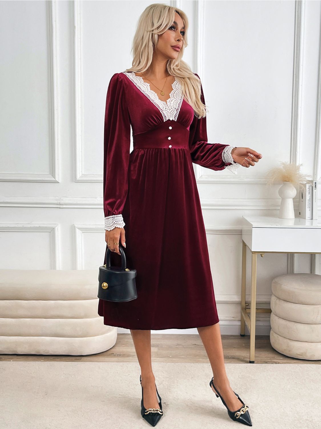 Lace Detail V-Neck Long Sleeve Midi Dress