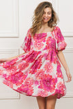 Pink Floral Square Neck Puff Sleeve Mini Summer Dress