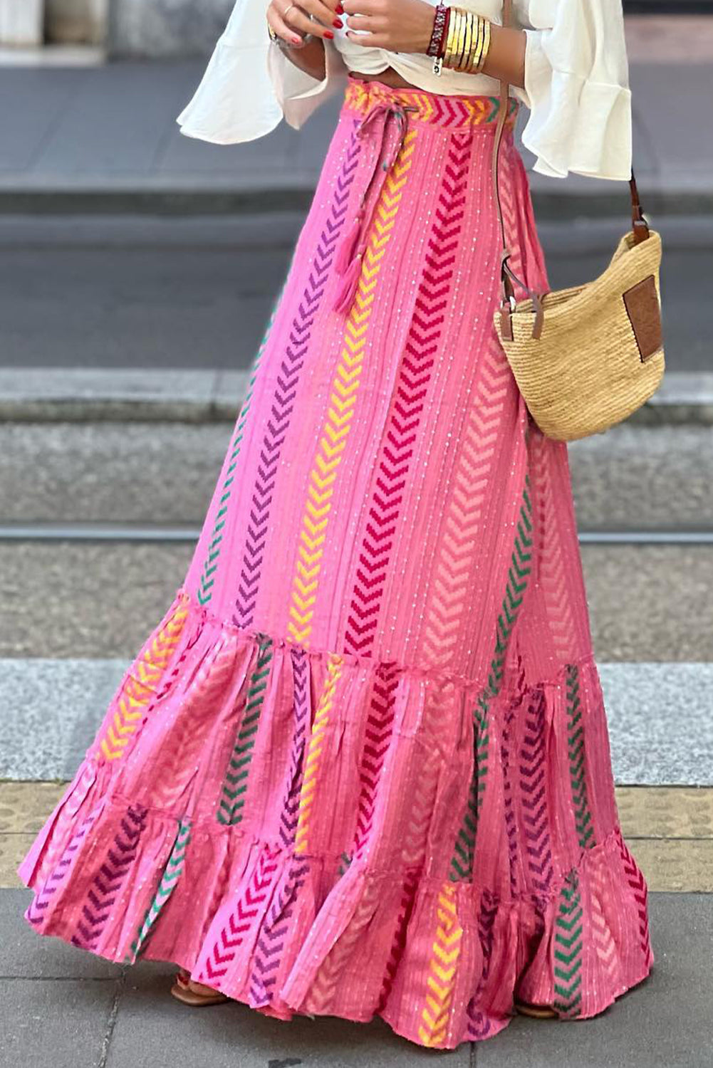 Drawstring Geometric High Waist Boho Skirt