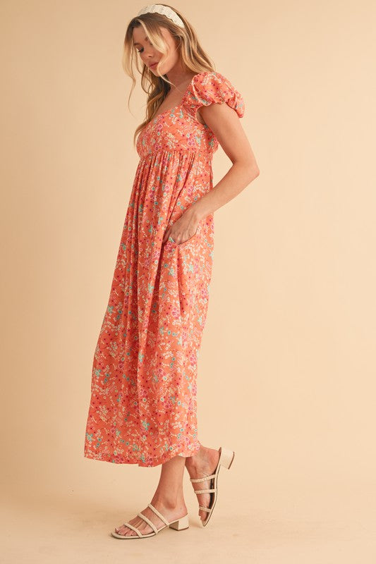 Coral Floral Puff Sleeve Midi Summer Dress