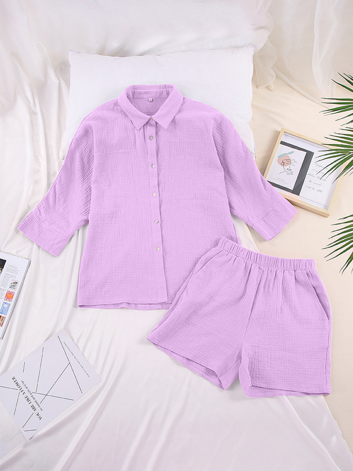 Texture Button Up Resort Shirt and Shorts Set