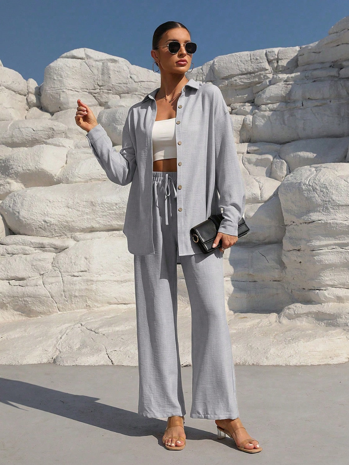 Button Up Long Sleeve Resort Top and Pants Set