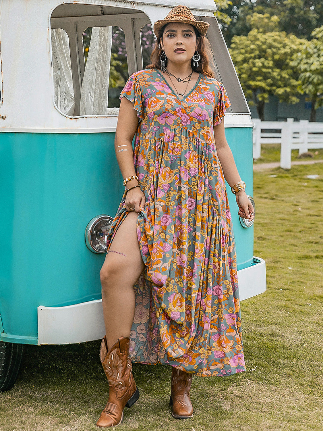 Plus Size Ruffled Printed Cap Sleeve Maxi Dress