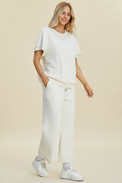 Full Size Pearl Detail Resort Top and Pants Set