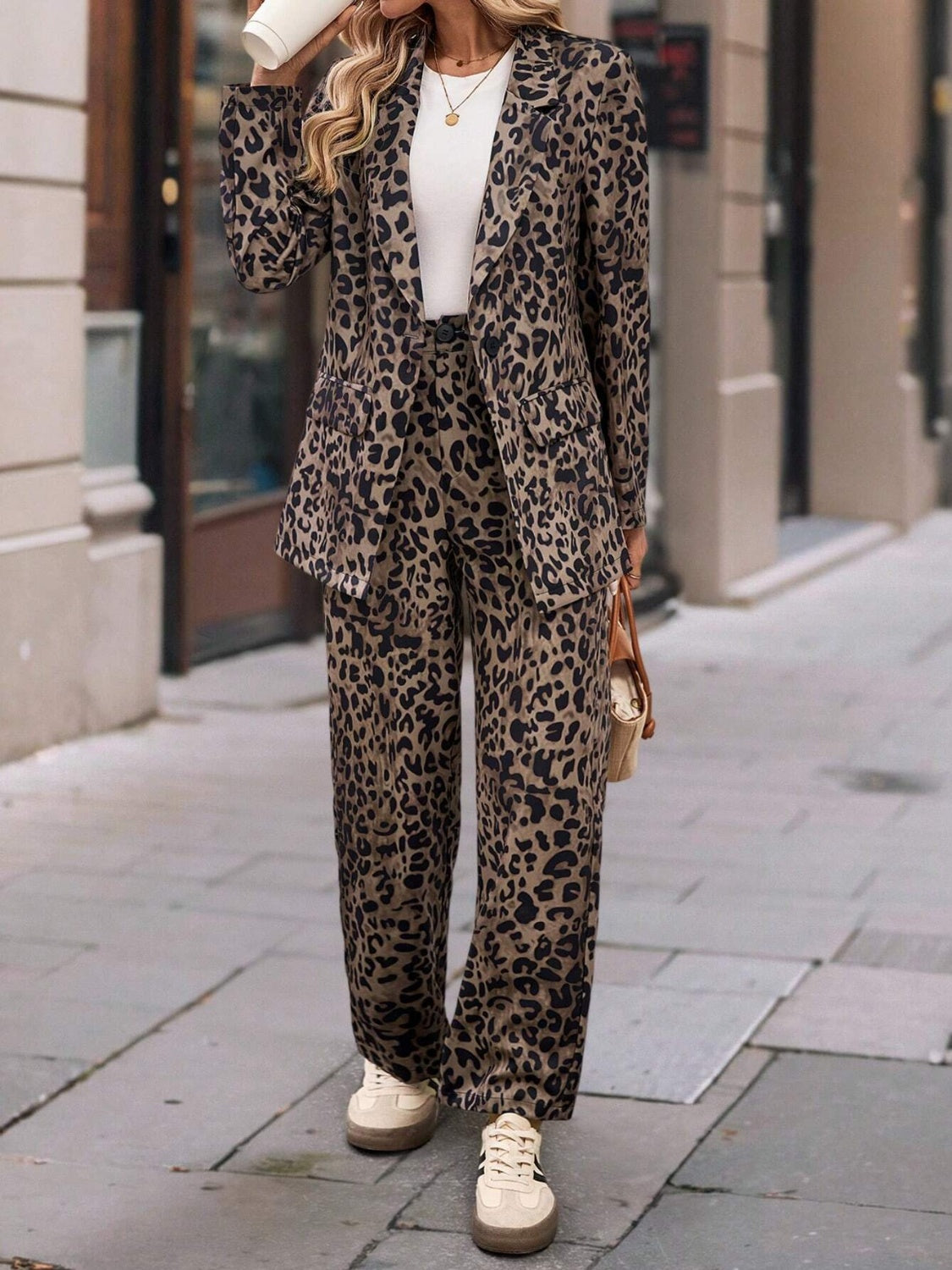 Full Size Leopard Long Sleeve Resort Blazer and Pants Travel Set