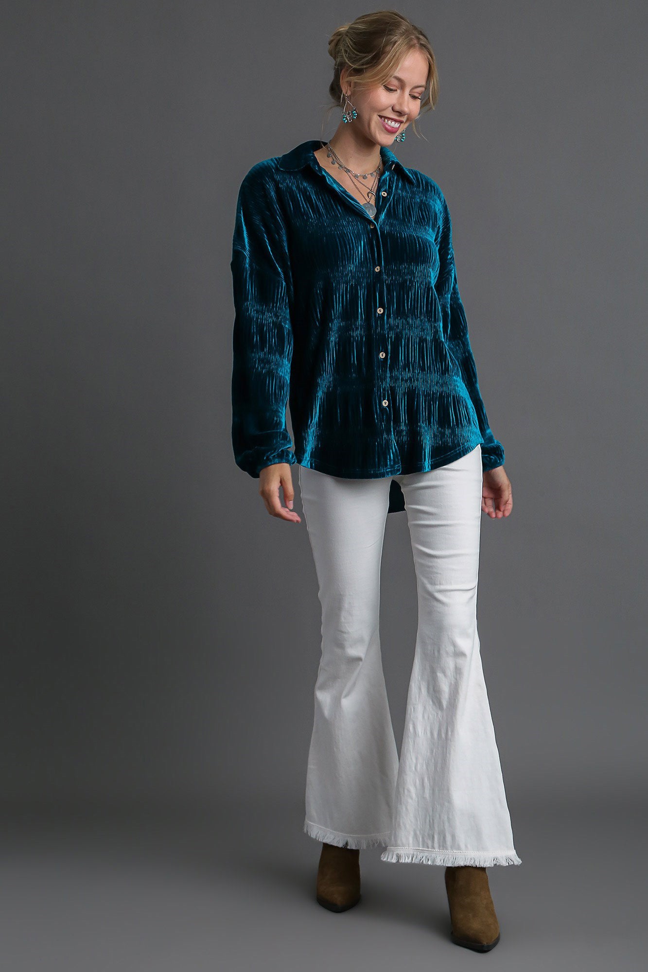 Ruched Tiered Button Up Resort Shirt