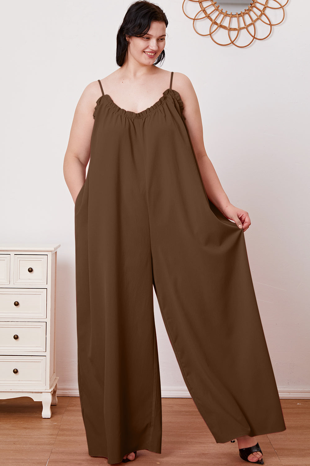 Plus Size Ruffle Trim Tie Back Cami Jumpsuit with Pockets