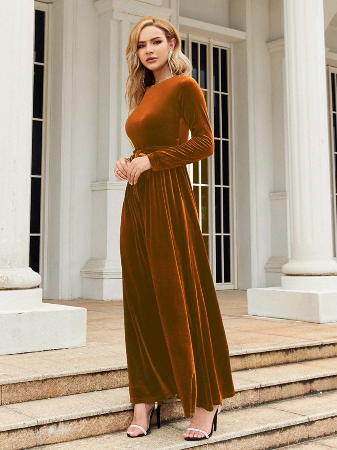 Tie Front Round Neck Long Sleeve Evening Gown