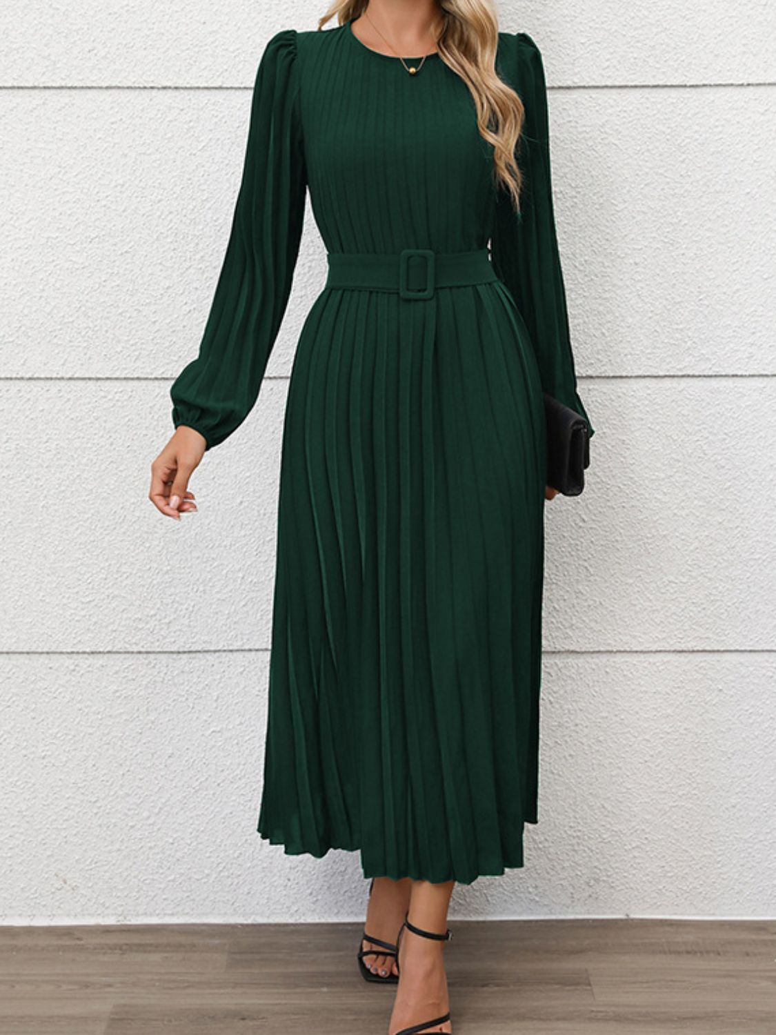 Pleated Round Neck Long Sleeve Midi Dress