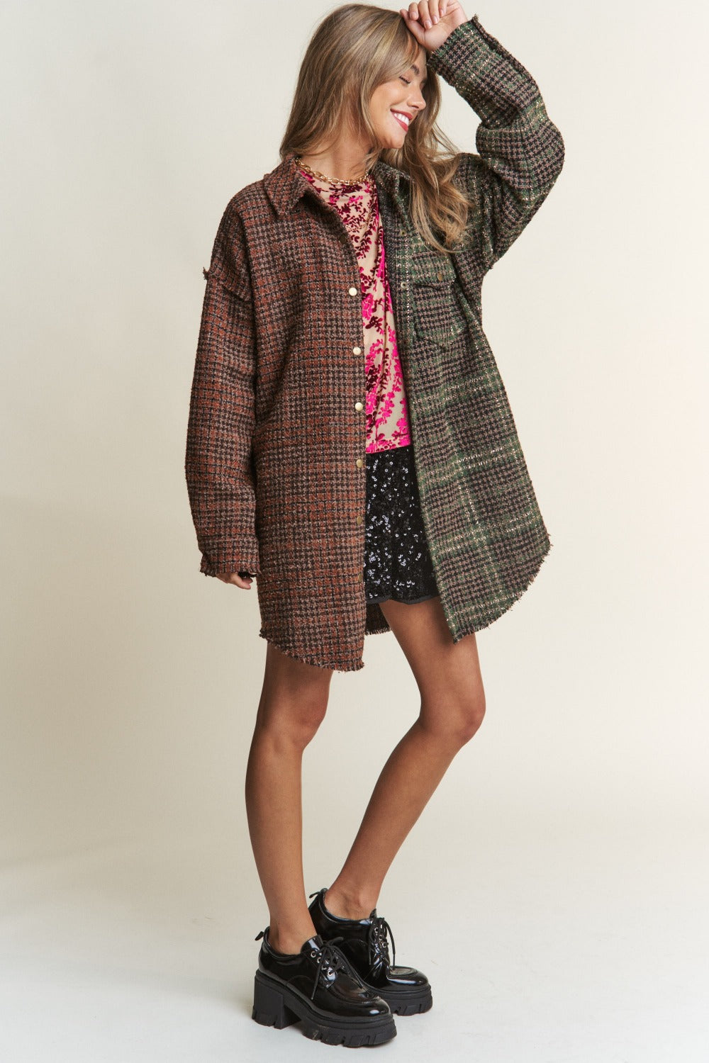 Snap Down Tweed Plaid Longline Shacket