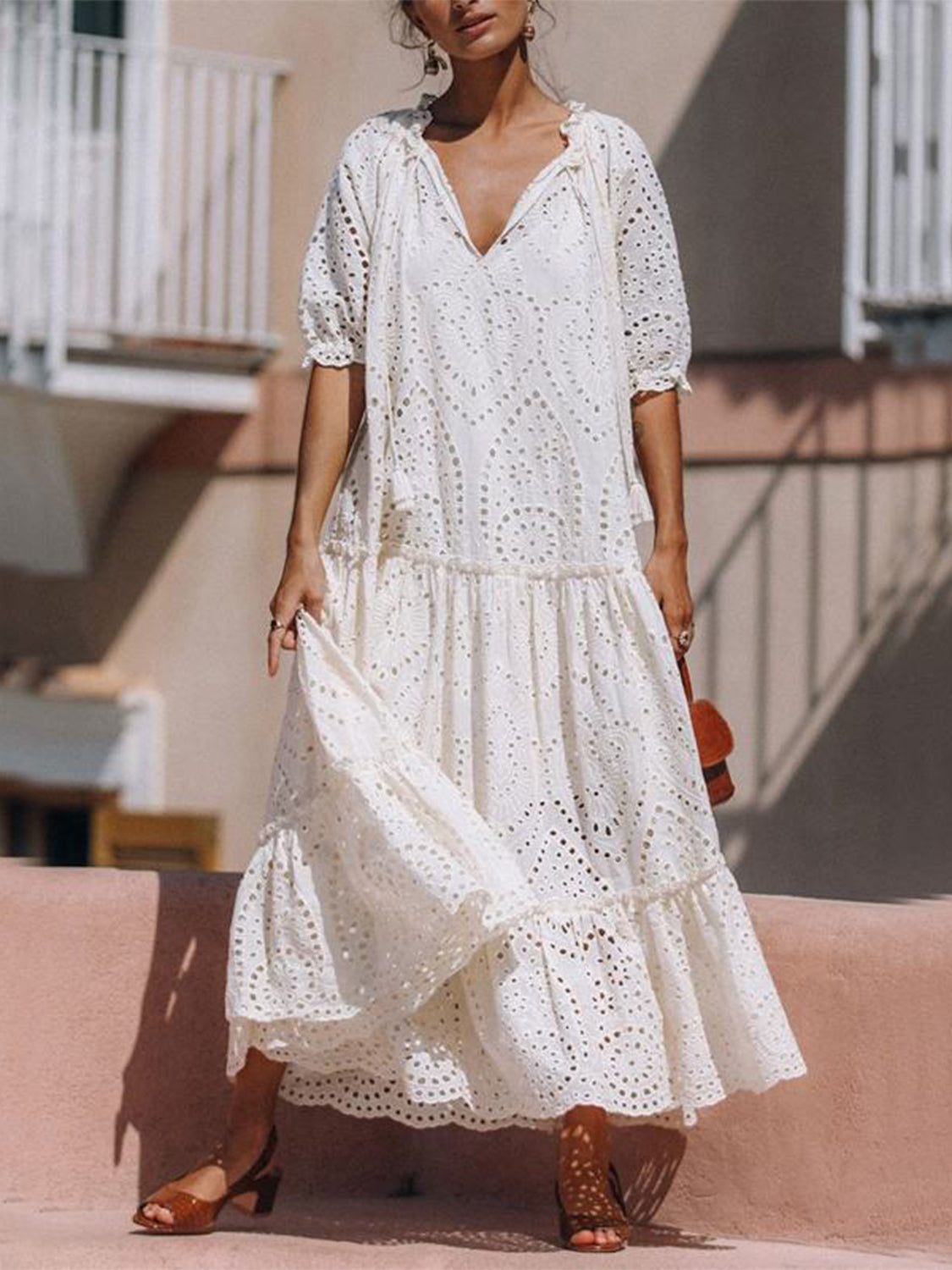 Tie Neck Tiered Lace Maxi Resort Dress