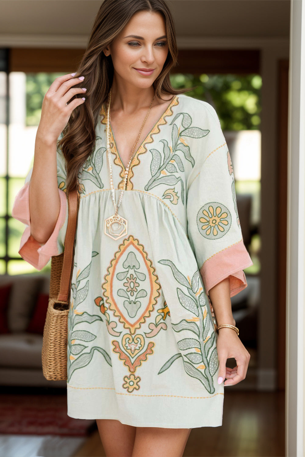 Tropical Three-Quarter Sleeve Mini Dress