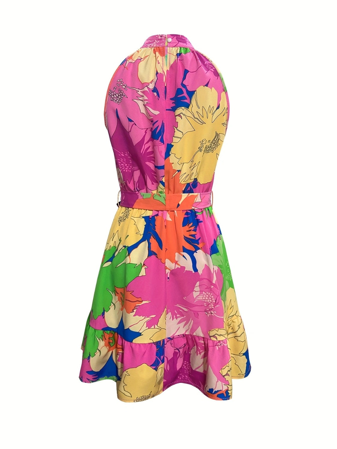 Tied Printed Mock Neck Tropical Resort Dress