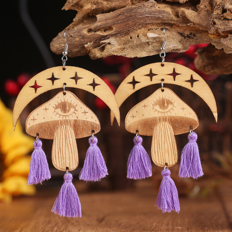 Moon & Mushroom Tassel Boho Dangle Earrings