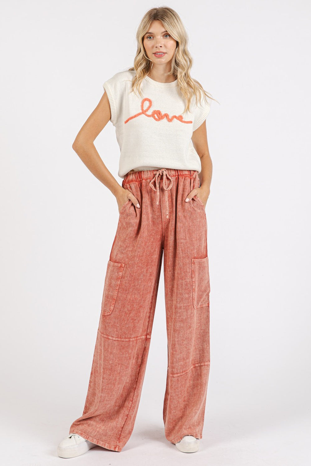 Beachy Boho Mineral Wash Drawstring Elastic Waist Pants