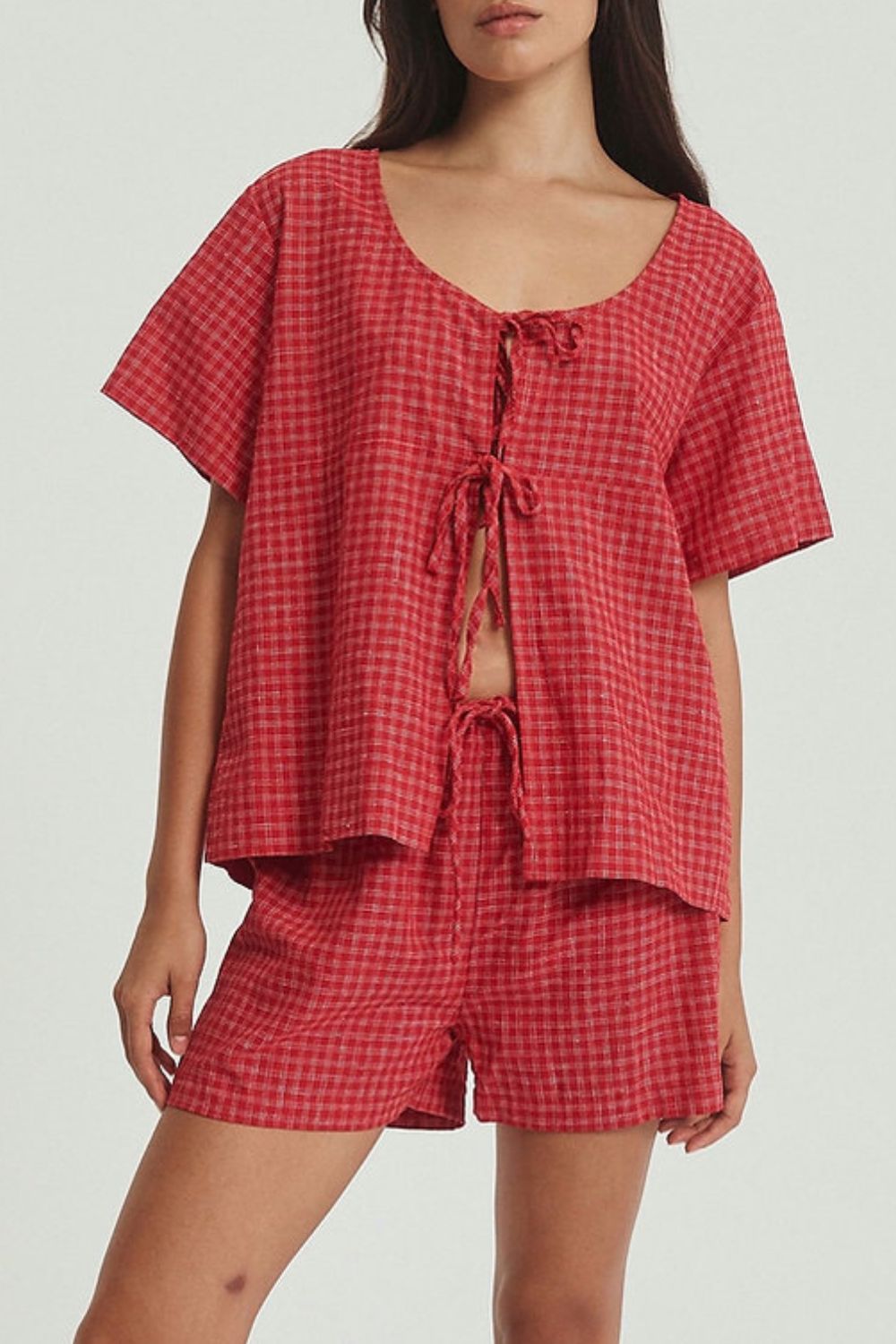 Plaid Tie Front Short Sleeve Top and Drawstring Shorts Set