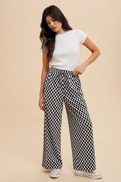 Drawstring Checkered Wide Leg Resort Pants