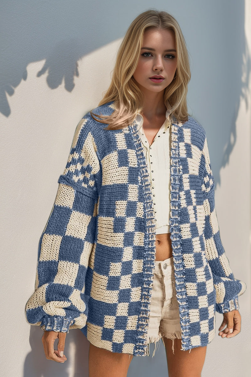 Full Size Open Front Checkered Drop Shoulder Resort Cardigan