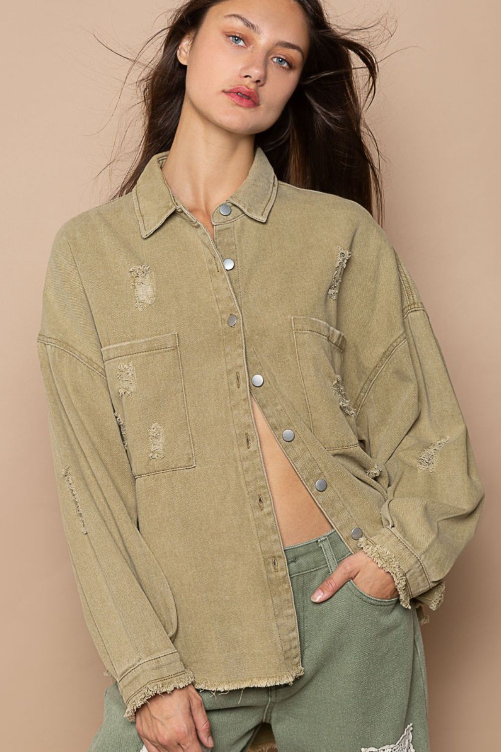 Button Down Raw Hem Distressed Boho Jacket