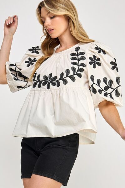 Puff-Sleeve Embroidered Peplum Blouse