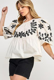 Puff-Sleeve Embroidered Peplum Blouse