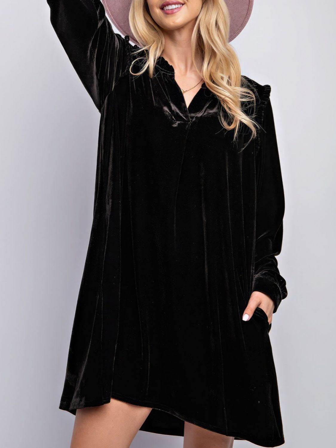 Frill Notched Long Sleeve Party Dress with Pockets