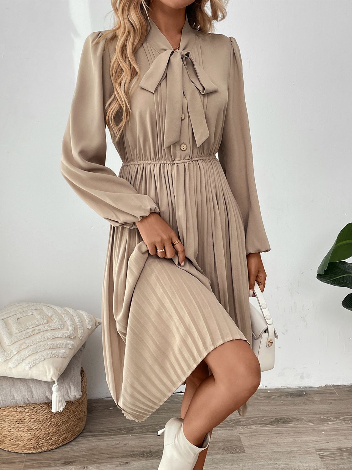 Work or Office Tie Neck Long Sleeve Midi Dress