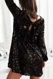 Sequin Bow Back Long Sleeve Mini Black Cocktail Dress