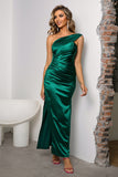 One-Shoulder Ruched Slit Evening Gown