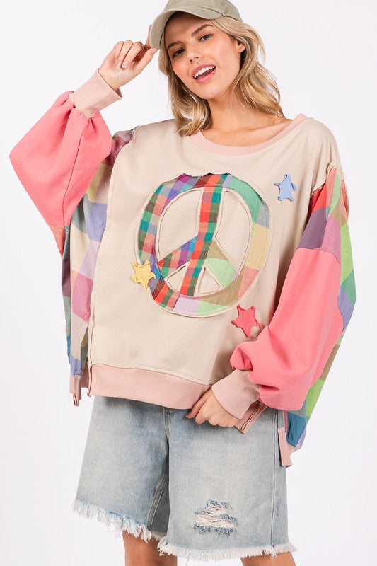 Full Size Contrast Peace Patch Dropped Shoulder Sweatshirt